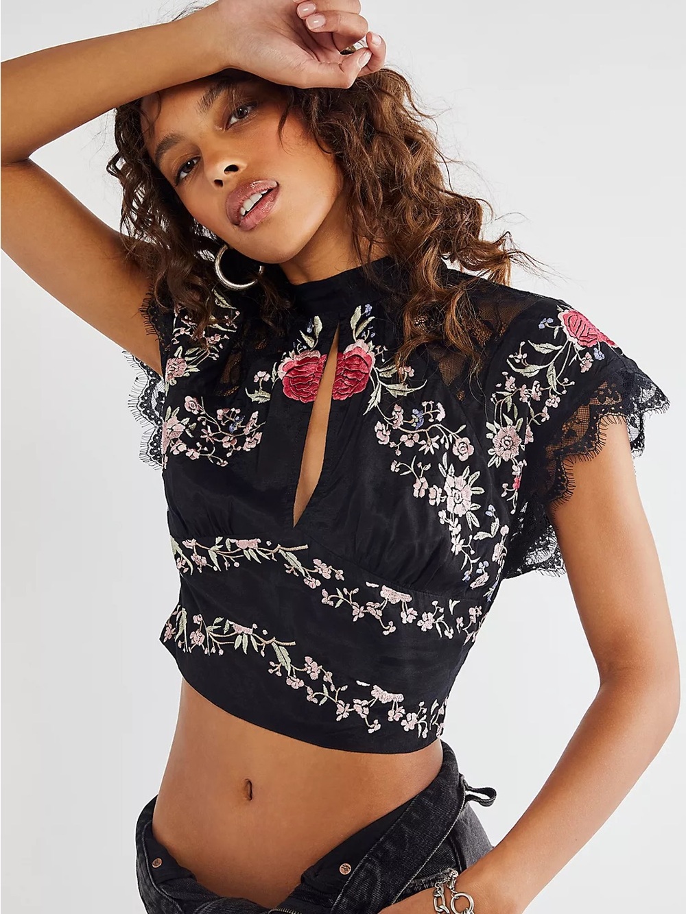 Free People Chiara Embroidered Top Black Lace Sheer Cropped Boho